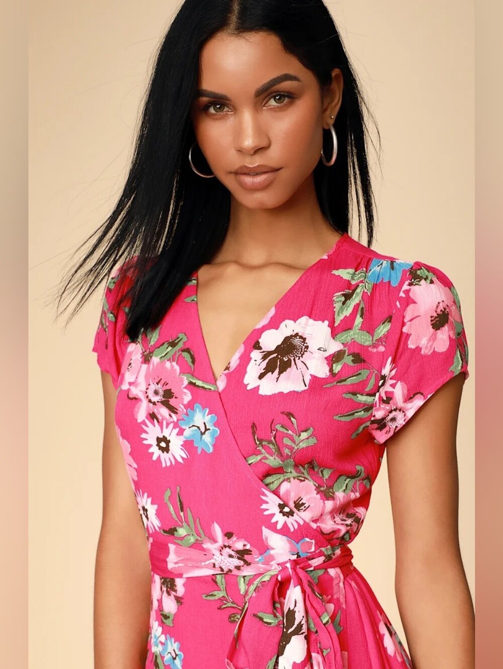 NWOT Lulus Real Life Daydream Hot Pink Floral Print Midi Wrap Dress - Picture 3 of 8